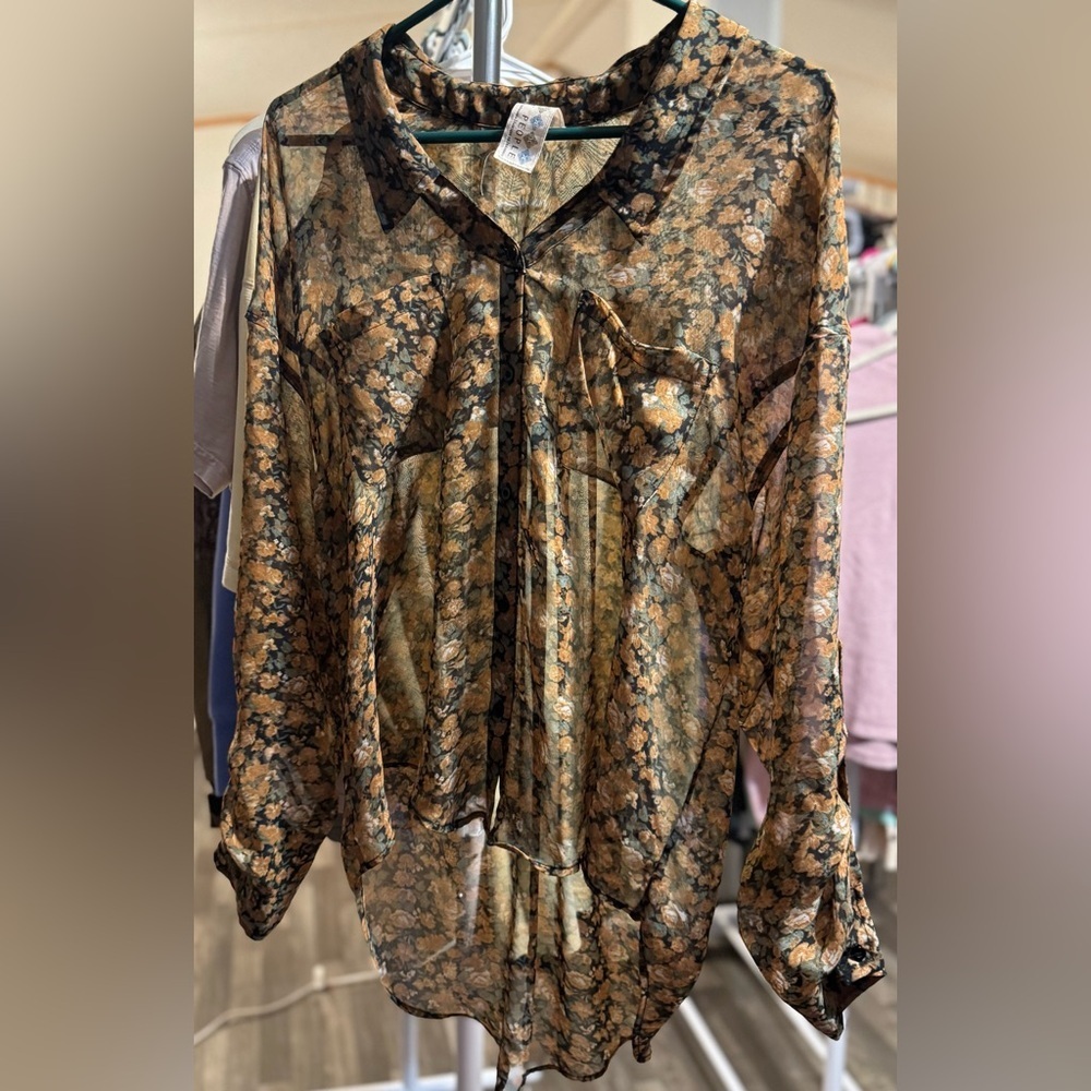 Free People Floral Sheer Black and Tan Women's Top *flaw*